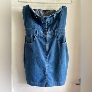 Haute Monde jean denim mini stretchy strapless dress buttoned up/down w/zipper